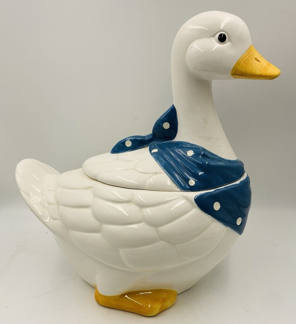 Vintage White Mother Goose Cookie Jar with Blue Polkadot Bandana